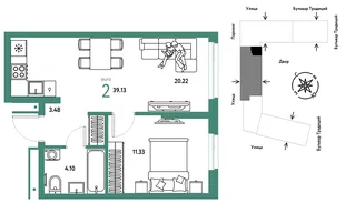 Планировка 2-комн. квартира, 39.13 м² ЖК «Микрорайон Домашний»