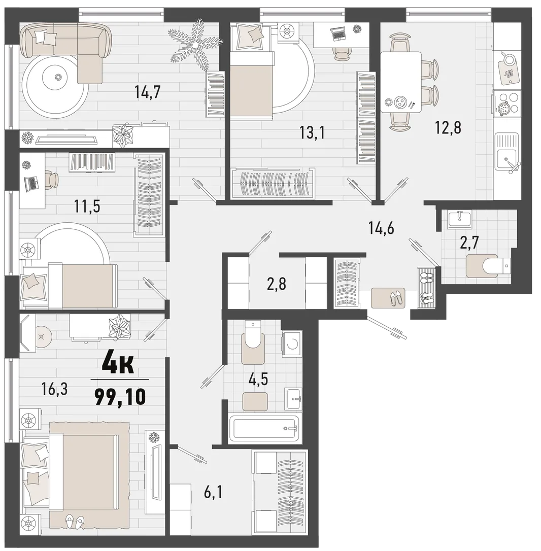 Планировка 4-комн. квартира, 99.1 м² ЖК «Барса»