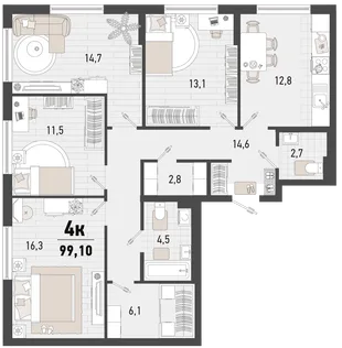 Планировка 4-комн. квартира, 99.1 м² ЖК «Барса»