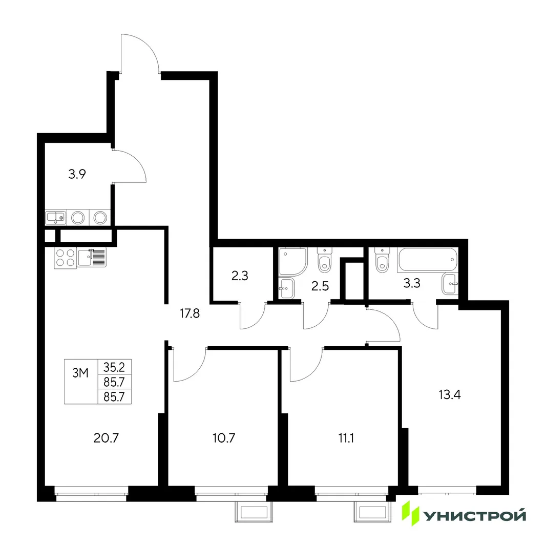 Планировка 3-комн. квартира, 85.7 м² ЖК «Стадиум»