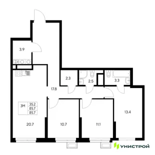 Планировка 3-комн. квартира, 85.7 м² ЖК «Стадиум»