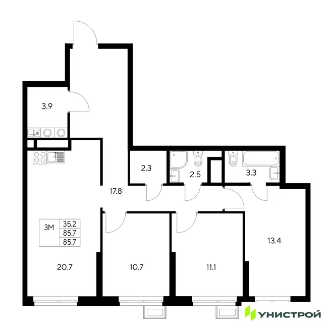 Планировка 3-комн. квартира, 85.7 м² ЖК «Стадиум» Планировка 3-комн. квартира, 85.7 м² ЖК «Стадиум»