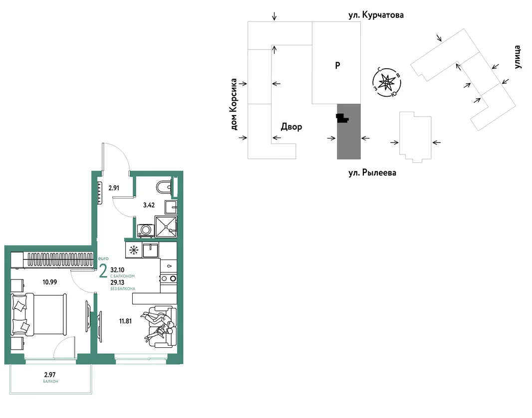 Планировка 2-комн. квартира, 32.07 м² ЖК «Остров-сад»