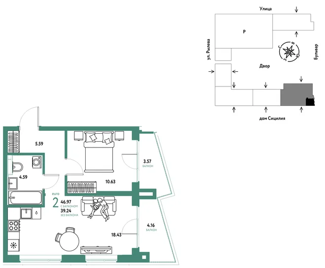 Планировка 2-комн. квартира, 46.97 м² ЖК «Остров-сад» Планировка 2-комн. квартира, 46.97 м² ЖК «Остров-сад»