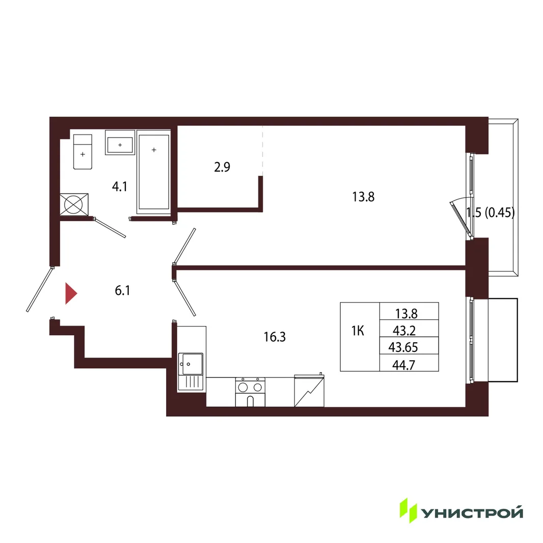 Планировка 1-комн. квартира, 43.65 м² ЖК «Лисино»