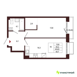 Планировка 1-комн. квартира, 43.65 м² ЖК «Лисино»