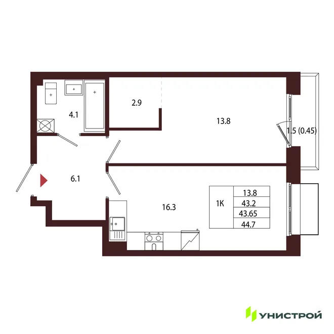 Планировка 1-комн. квартира, 43.65 м² ЖК «Лисино» Планировка 1-комн. квартира, 43.65 м² ЖК «Лисино»
