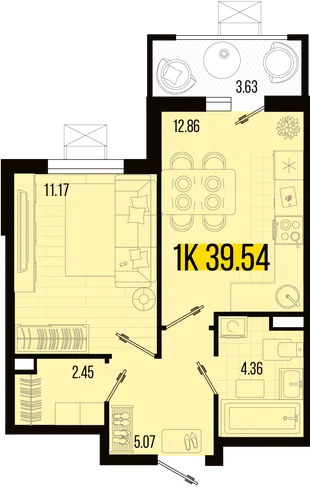Планировка 1-комн. квартира, 37.73 м² ЖК «Цветной бульвар»