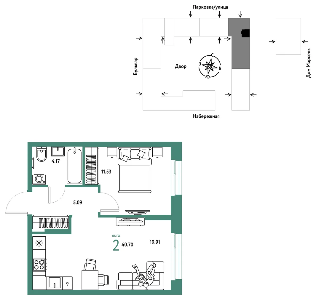 Планировка 2-комн. квартира, 40.7 м² ЖК «Европейский берег 2.0»