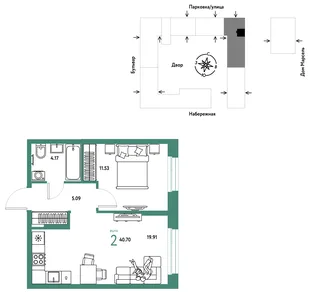 Планировка 2-комн. квартира, 40.7 м² ЖК «Европейский берег 2.0»