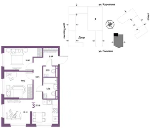Планировка 3-комн. квартира, 57.18 м² ЖК «Остров-сад»