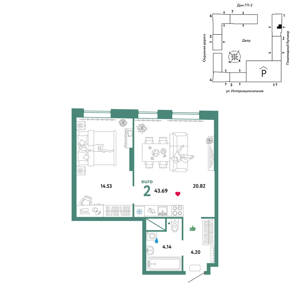 Планировка 2-комн. квартира, 43.69 м² ЖК «Юнион»