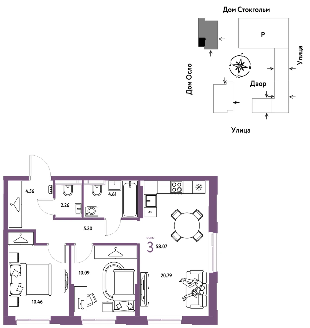 Планировка 3-комн. квартира, 58.07 м² ЖК «Европейский берег 2.0»