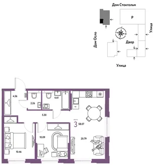 Планировка 3-комн. квартира, 58.07 м² ЖК «Европейский берег 2.0»