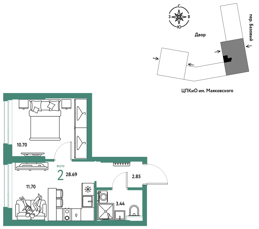 Планировка 2-комн. квартира, 28.69 м² ЖК «Сибирский сад»
