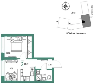 Планировка 2-комн. квартира, 28.69 м² ЖК «Сибирский сад»
