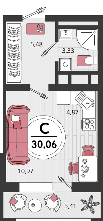 Планировка 1-комн. квартира, 30.06 м² ЖК «Родные просторы»