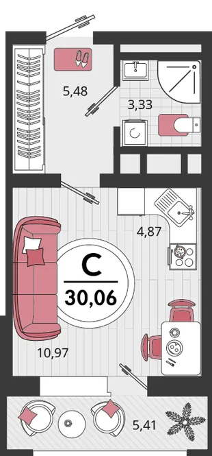 Планировка 1-комн. квартира, 30.06 м² ЖК «Родные просторы»