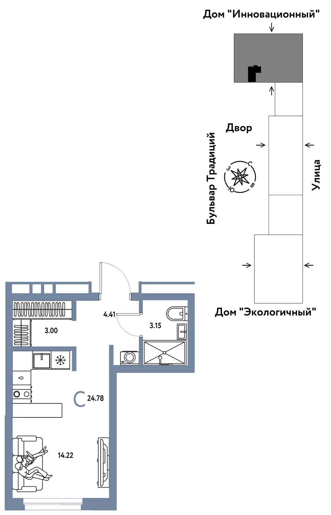 Планировка Студия, 24.78 м² ЖК «Микрорайон Домашний»