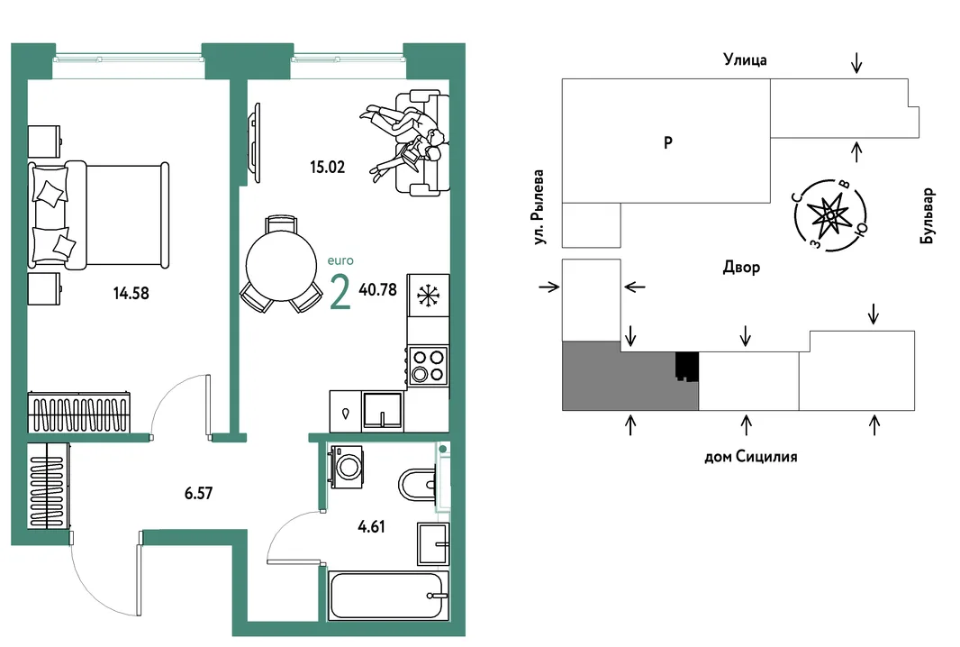 Планировка 2-комн. квартира, 40.78 м² ЖК «Остров-сад»