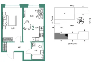 Планировка 2-комн. квартира, 40.78 м² ЖК «Остров-сад»