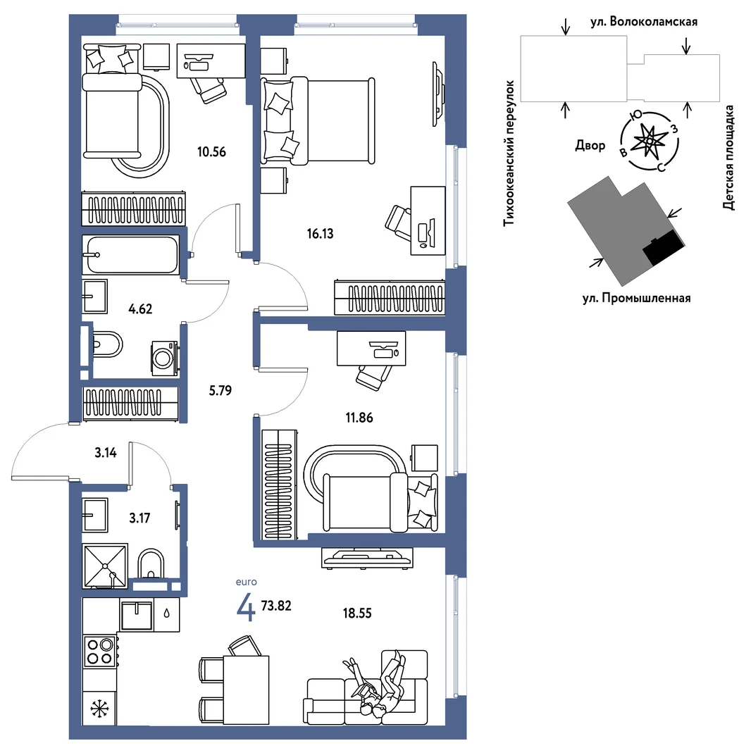 Планировка 4-комн. квартира, 73.82 м² ЖК «Страна Прибрежная»