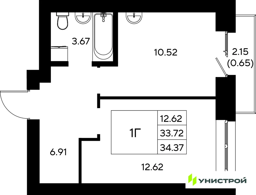 Планировка 1-комн. квартира, 34.37 м² ЖК «Царёво City»