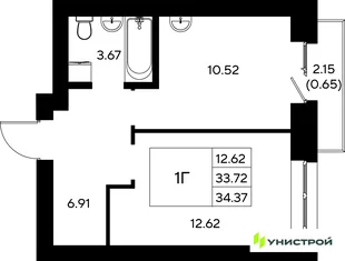 Планировка 1-комн. квартира, 34.37 м² ЖК «Царёво City»