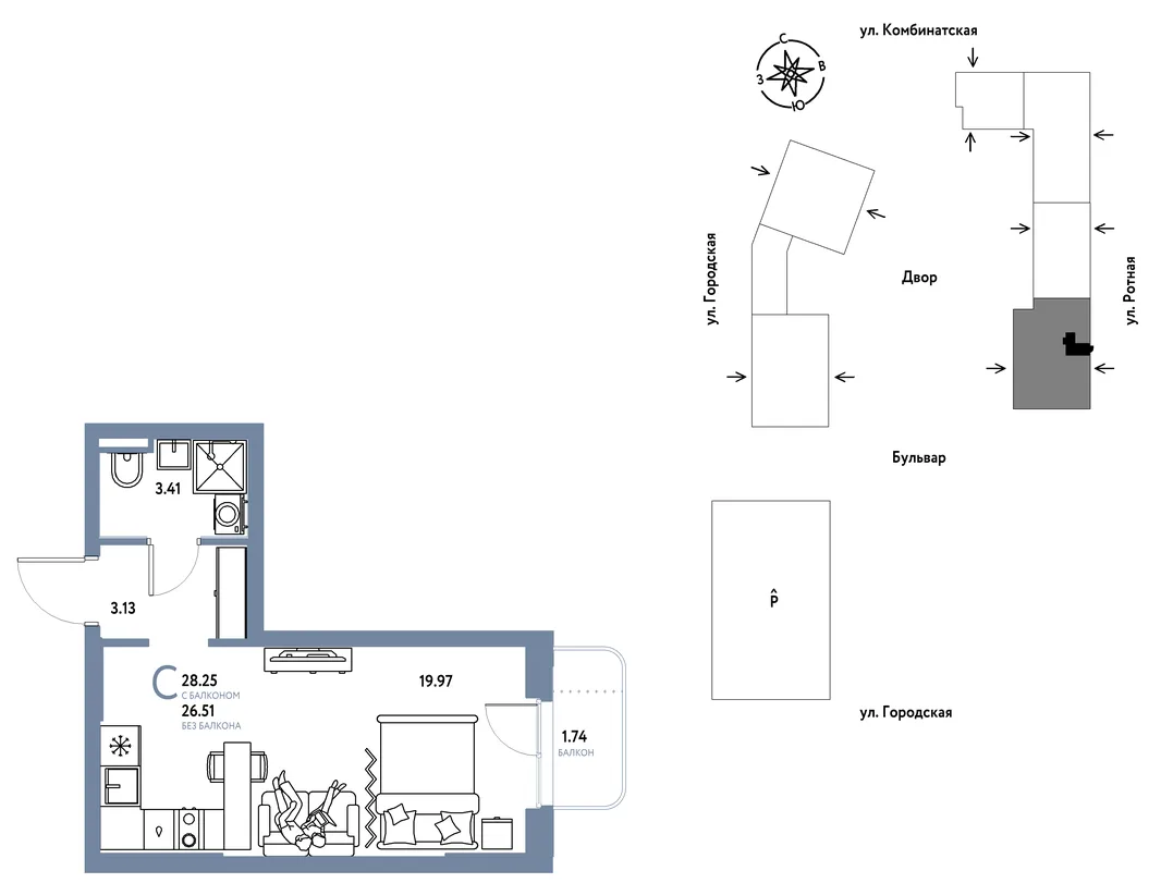 Планировка Студия, 28.25 м² ЖК «Уральский сад»