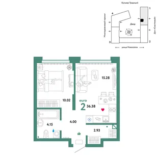 Планировка 2-комн. квартира, 36.38 м² ЖК «Микрорайон Домашний»
