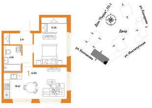 Планировка 1-комн. квартира, 42.85 м² ЖК «Страна.Парковая»