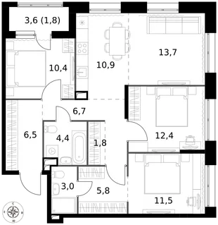 Квартира 4-комн. квартира, 88.9 м² ЖК «1-й Саларьевский» Фото 1 Квартира 4-комн. квартира, 88.9 м² ЖК «1-й Саларьевский» Фото 1