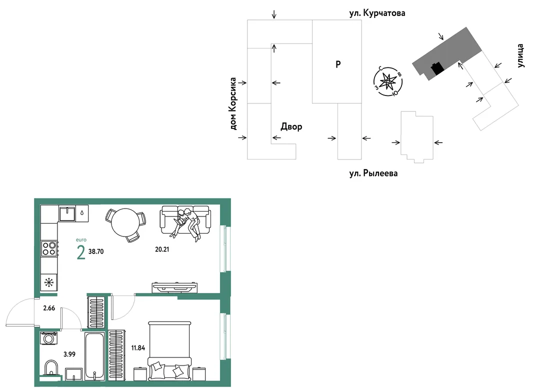 Планировка 2-комн. квартира, 38.88 м² ЖК «Остров-сад»