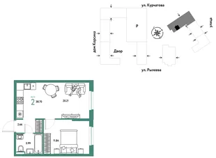 Планировка 2-комн. квартира, 38.88 м² ЖК «Остров-сад»