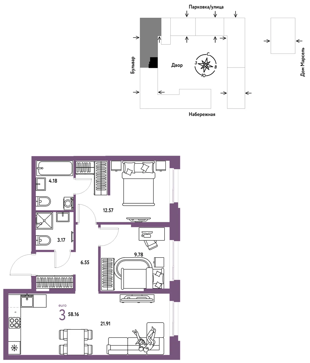 Планировка 3-комн. квартира, 58.16 м² ЖК «Европейский берег 2.0»