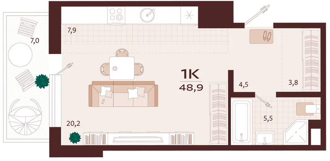 Планировка 1-комн. квартира, 48.9 м² ЖК «Роялта»