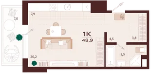 Планировка 1-комн. квартира, 48.9 м² ЖК «Роялта»