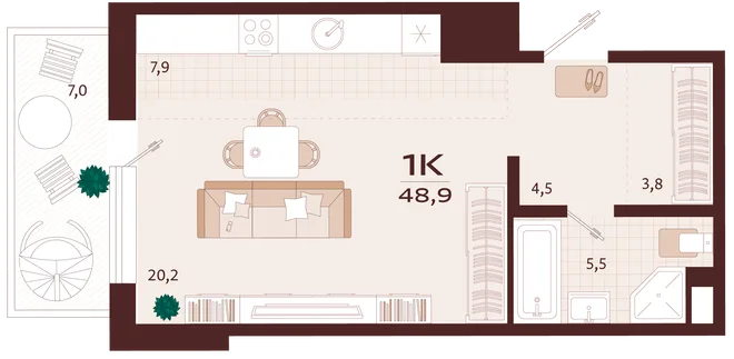 Планировка 1-комн. квартира, 48.9 м² ЖК «Роялта» Планировка 1-комн. квартира, 48.9 м² ЖК «Роялта»