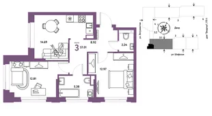 Планировка 3-комн. квартира, 57.01 м² ЖК «Страна.Энтузиастов»