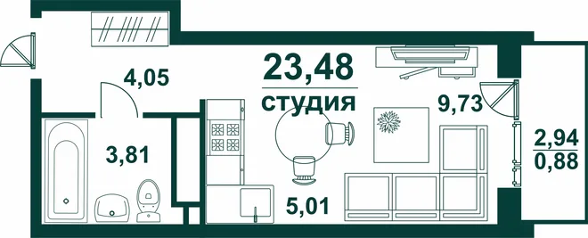 Планировка Студия, 23.48 м² ЖК «Аквамарин 2»
