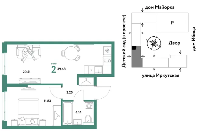 Планировка 2-комн. квартира, 39.68 м² ЖК «Остров-сад» Планировка 2-комн. квартира, 39.68 м² ЖК «Остров-сад»