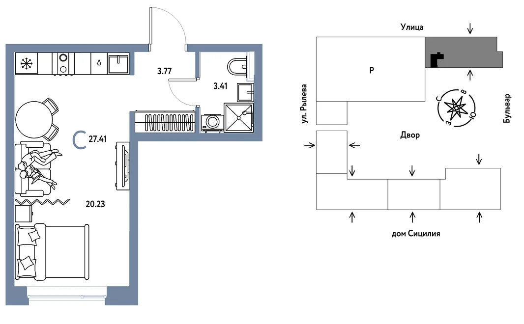 Планировка Студия, 27.41 м² ЖК «Остров-сад»