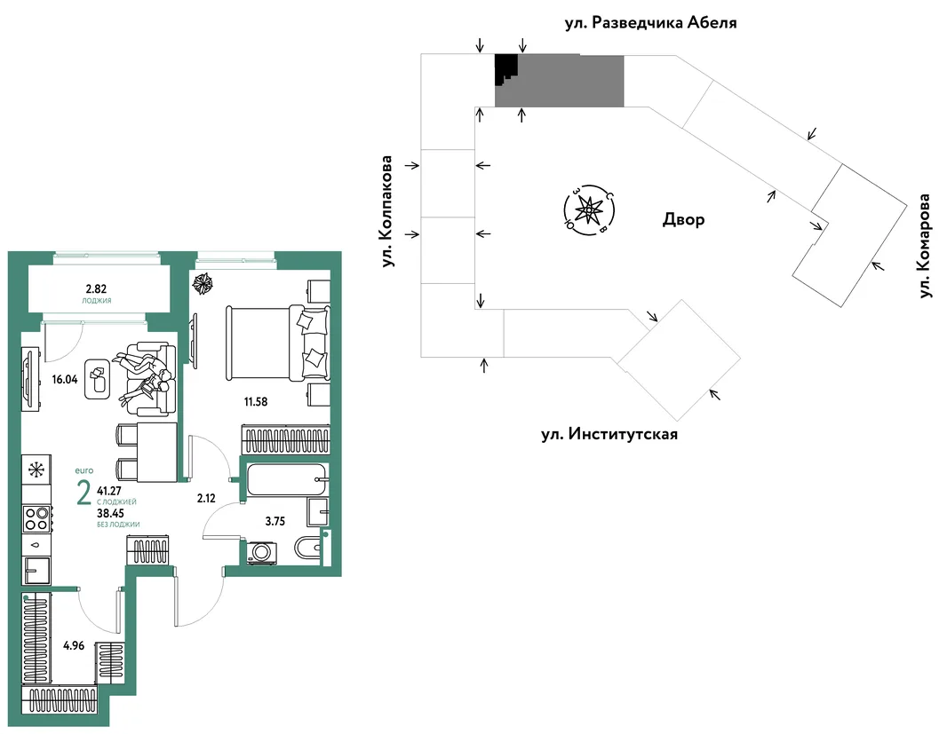 Планировка 2-комн. квартира, 41.27 м² ЖК «Страна.Парковая»