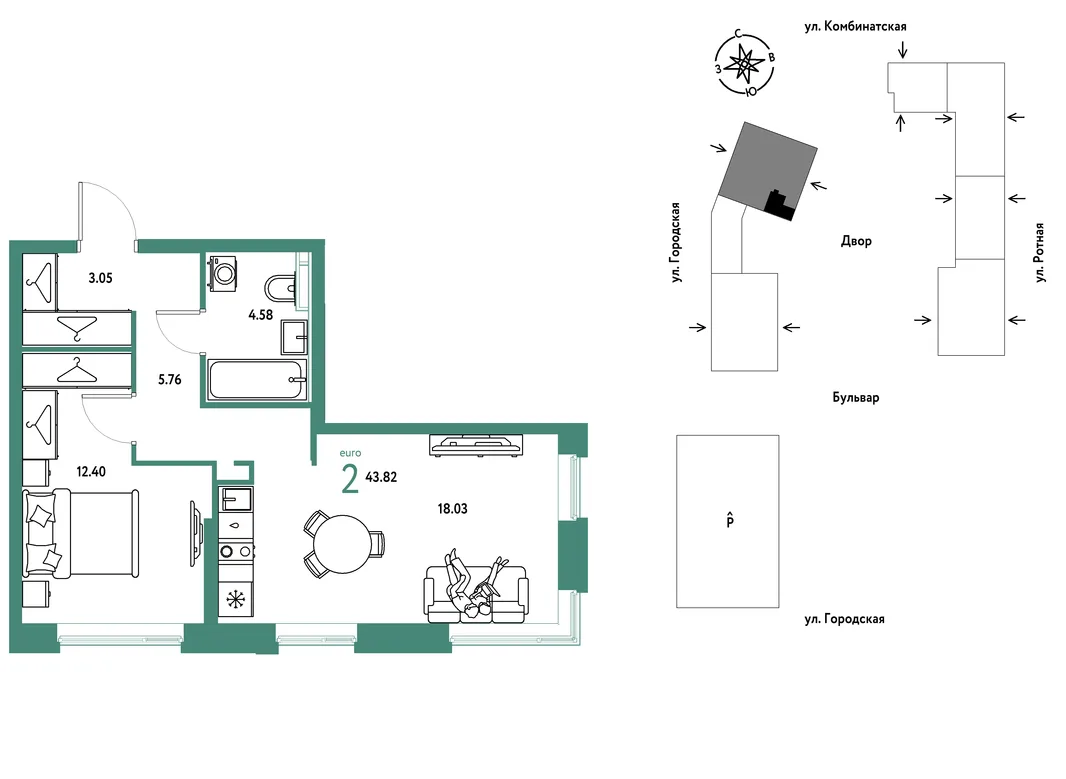 Планировка 2-комн. квартира, 43.82 м² ЖК «Уральский сад»