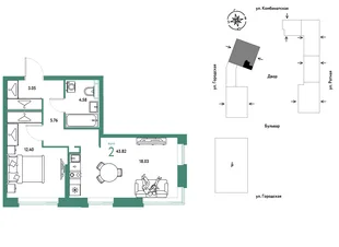 Планировка 2-комн. квартира, 43.82 м² ЖК «Уральский сад»