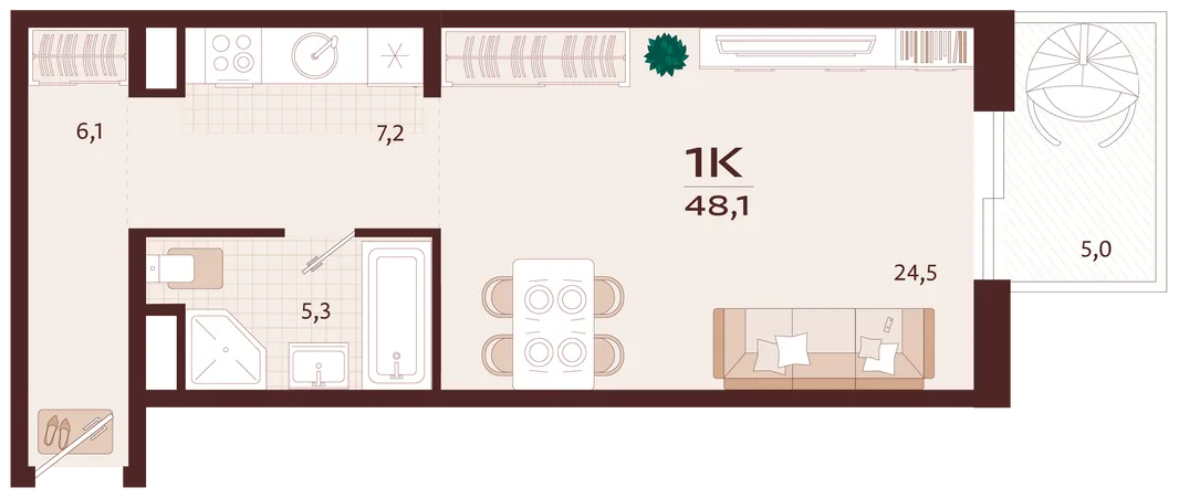 Планировка 1-комн. квартира, 48.1 м² ЖК «Роялта»