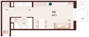 Планировка 1-комн. квартира, 48.1 м² ЖК «Роялта»