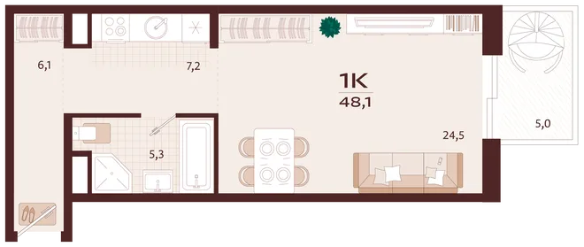 Планировка 1-комн. квартира, 48.1 м² ЖК «Роялта» Планировка 1-комн. квартира, 48.1 м² ЖК «Роялта»