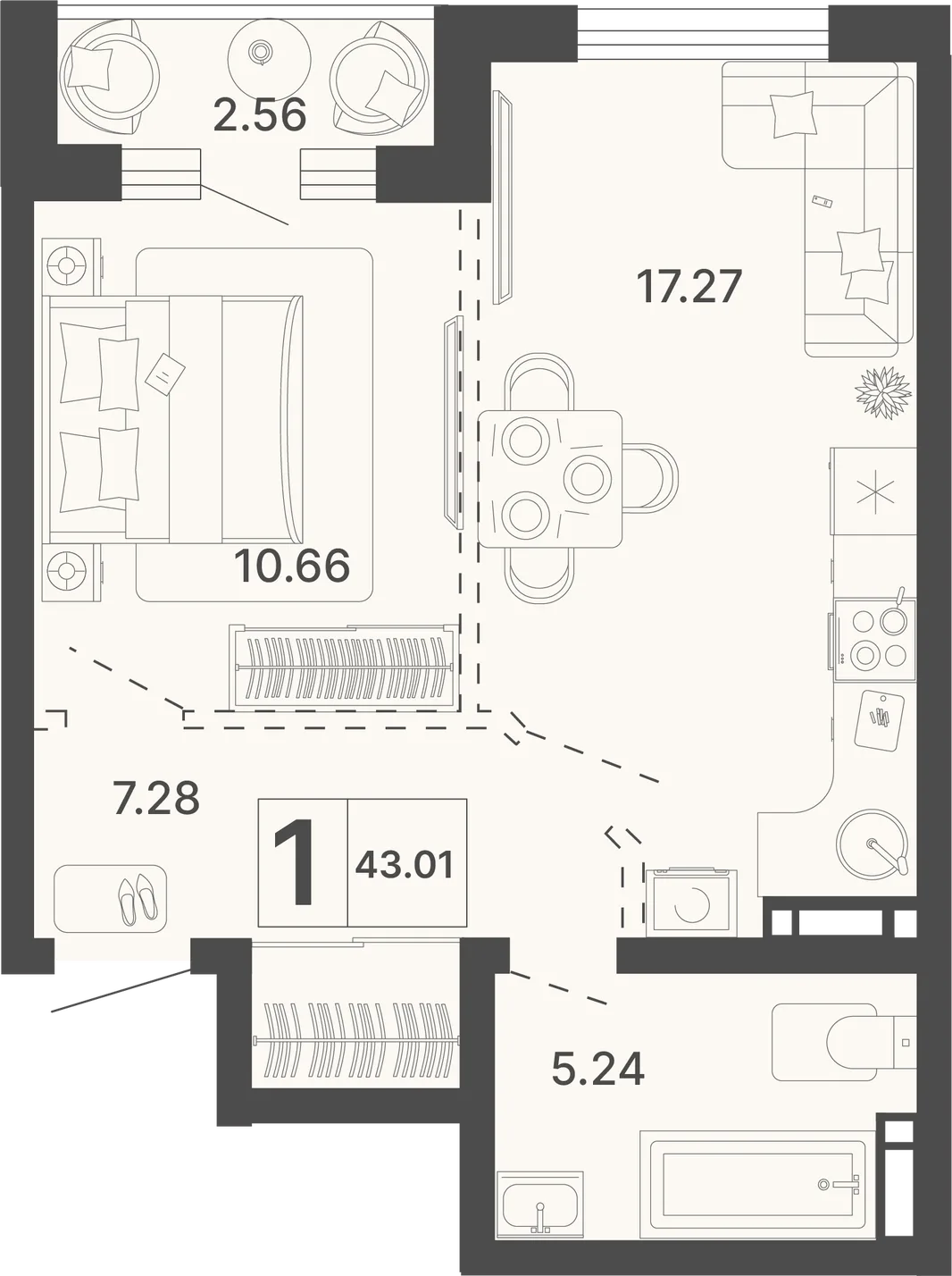 Планировка 1-комн. квартира, 43.01 м² ЖК «Светский лес»