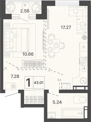 Планировка 1-комн. квартира, 43.01 м² ЖК «Светский лес»